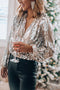 Blouse à paillettes argentées pour femme, manches longues