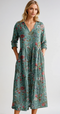 Rochie lungă verde cu flori și mâneci lungi pentru femei