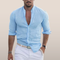 Camisa Hombre Lino Azul Claro Manga Larga Casual