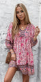 Robe Bohème Femme à Motifs Floraux Roses Manches Longues