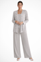 Completo tre pezzi da donna con giacca in pizzo con paillettes e pantaloni larghi