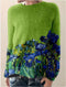 Pull en Laine Vert avec Motif Floral Bleu pour Femme