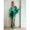 Robe longue plissée verte et bleue à manches longues