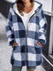 Cappotto da donna con cappuccio in pile a quadri blu e bianchi