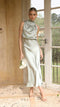 Robe Midi Sans Manches avec Col Montant et Drapé Satiné
