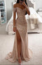 Abito lungo bustier con paillettes, scollo a cuore e spacco laterale alto