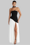 Abito lungo bustier da donna con top asimmetrico, spacco sulla gamba e sciarpa abbinata