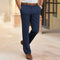 Men's navy blue dress trousers with brown belt