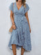 Robe d'été fleurie bleue à manches courtes pour femme