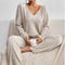 Pyjama Femme Côtelé Beige Manches Longues Col V